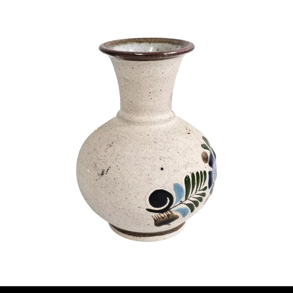 Collectible Mexican Tonala Brown Hand Painted Pottery Vase Floral Design